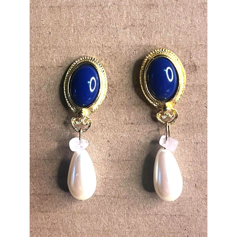 Sapphire Blue Cabochon Faux Pearl Drop Earrings Gold Tone Victorian Style